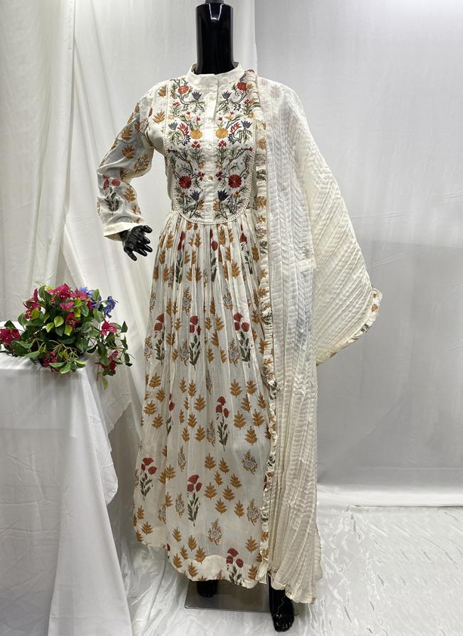 Cotton Muslin White Wedding Wear Hand Work Readymade Gown With Dupatta